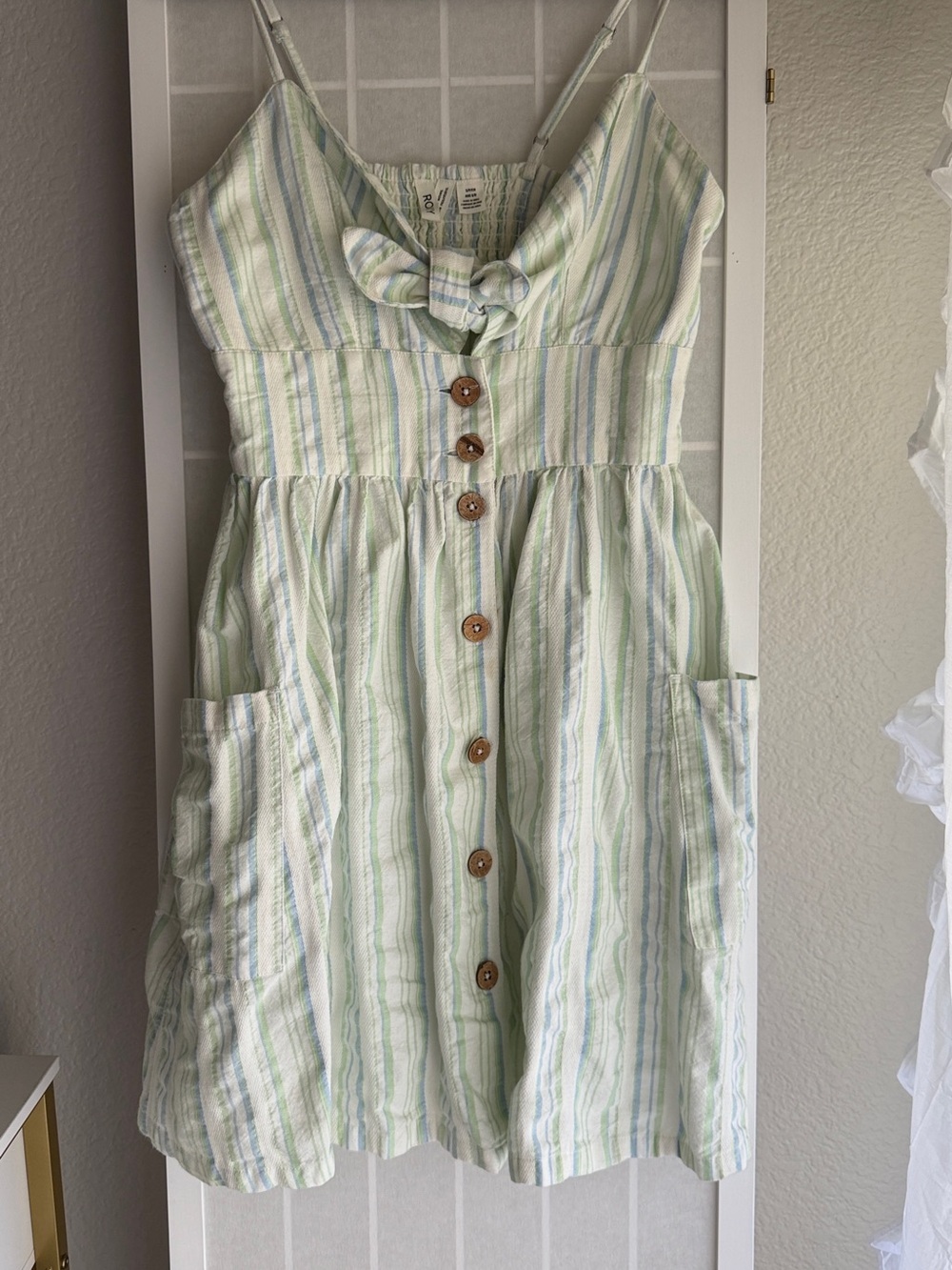 Roxy Green & White Striped Button-Front Sundress